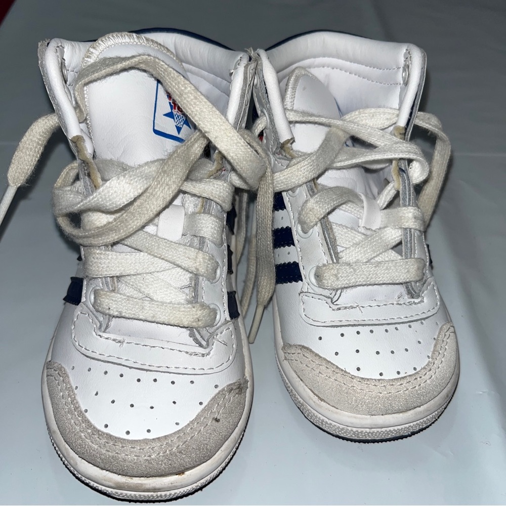 Adidas Toddler High Tops White Blue Striped Red Sneakers 6K Baby Shoes Leather 6 - Picture 15 of 16
